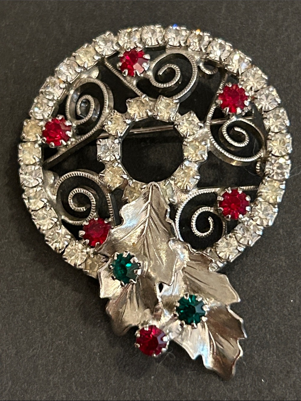 Vintage-Inspired Silver Tone Brooch with Red and Green Crystals
